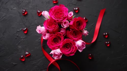 Roses Bouquet With Red Ribbon and Heart Gems