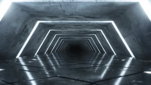 Fliegen in einem modernen futuristischen leeren Science-Fiction-Nachtkorridor