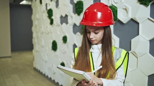 Young Girl in Reflective Vest Writing on Notebook
