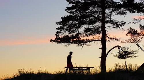 Silhouette eines einsamen, depressiven Mannes, Auf Bank sitzend, Sonnenuntergangsfarben