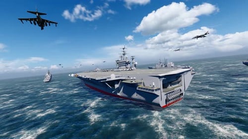 Naval Fleet with Aircraft Carrier and Fighter Jets on Ocean