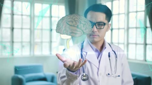 Doctor Examines Holographic Brain Scan in Modern Office