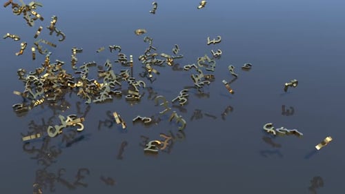 Golden Pound Sterling Symbols Falling and Scattering 3D Animation