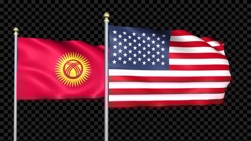 Kyrgyzstan and USA National Flags Waving on Alpha Channel