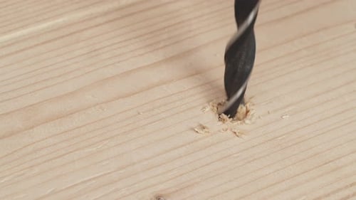 Drilling Hole in Wood, Close Up View
