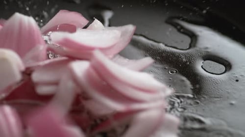 Cooking chopped red onion on non stick fry pan. Slow Motion.