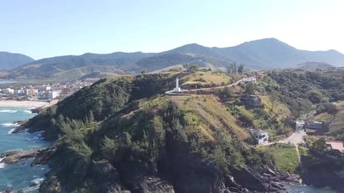 Aerial View of the Coastline with Lighthouse