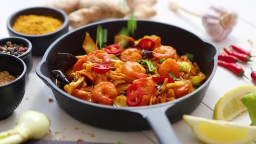 Shrimp and Cabbage Skillet with Red Peppers