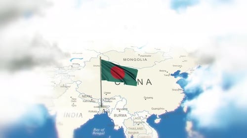 Waving Bangladesh Flag on an Animated Map of Asia with Clouds