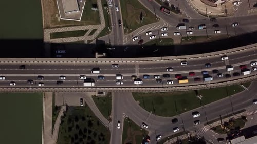 Drone's Eye View - City Road Above View of Urban Traffic Jam on a Car Bridge