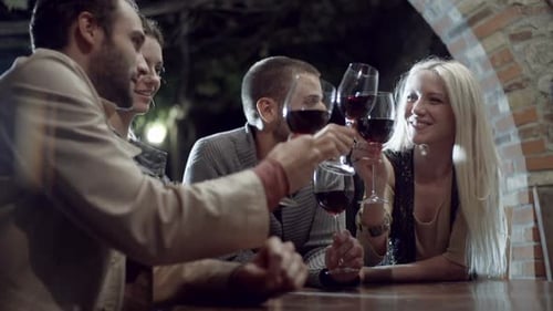 Group of Friends Makes a Toast Smiles and Drinks Wine in Rural Farm House Tuscany Italy at Night