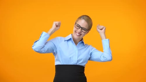Happy Office Manager Dancing on Bright Background, Career Success, Excitement