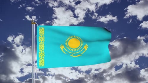 Kazakhstan Flag Waving Against a Cloudy Blue Sky