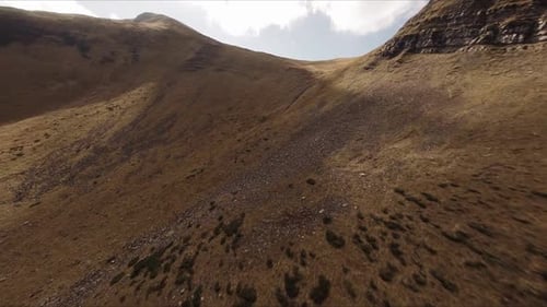 FPV Drone Footage Smooth Stabilized Fly Along Mountain Rocky Hill Around Highland Lake