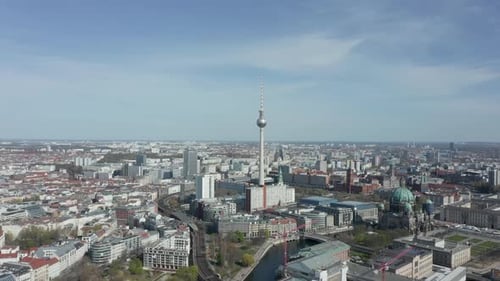AERIAL: Wide View of Empty Berlin, Germany Alexanderplatz TV Tower with Almost No People or Cars on