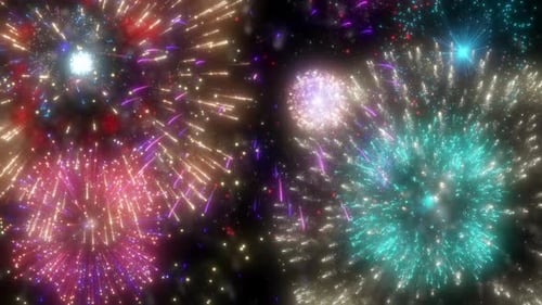 Bright Colorful Fireworks Exploding on Black Night Sky Background