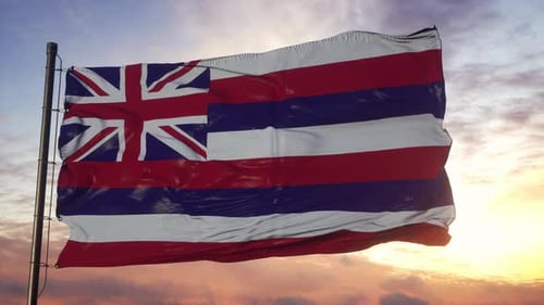 Realistic Hawaii Flag Waving in Sunset Sky