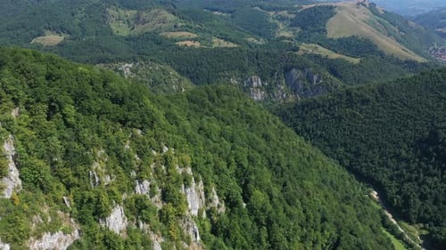 Flug über Kalksteinfelsen und Laubwäldern. Luftaufnahme mit Drohne