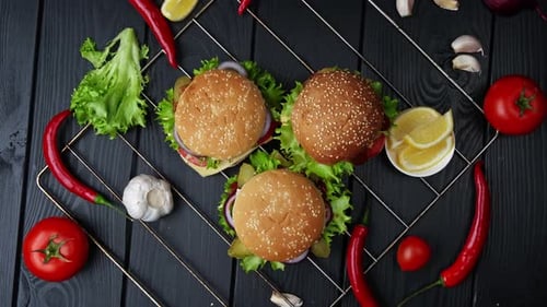 Overhead View of Burgers with Fresh Ingredients