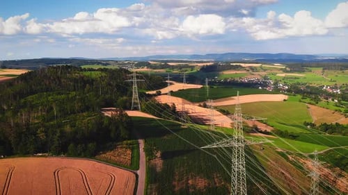 Aerial View of Farmland and Power Lines