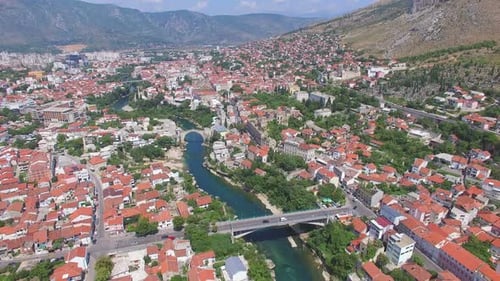 Aerial view of old and modern bridge in Mostar, Bosnia and Herzegovina