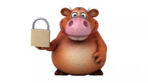 Cartoon 3D Cow Character Holding Padlock and Gesturing