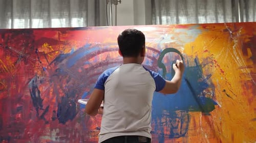Back Of Boy Works On Abstract Oil Painting
