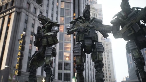Futuristic Robot Soldiers Patrolling Urban City Streets