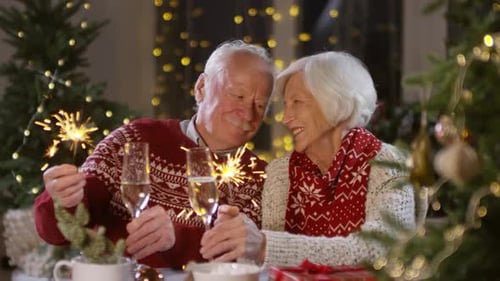 Senior Couple Celebrating Christmas with Sparklers and Champagne