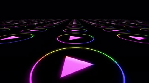 Geometrische Neonbeleuchtung im Raum aus Audio- und Videosymbolen und Icons