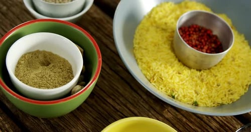 Colorful Spices and Rice Overhead Shot