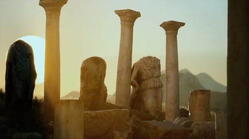 Ruines du vieux temple romain au coucher du soleil