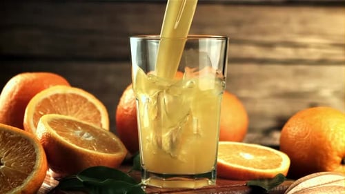 A Stream of Orange Juice Pours Into the Glass in a Whirlpool