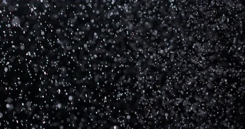 Fallende natürliche Schneeflocken isoliert auf schwarzem Hintergrund, viel fallender chaotischer Schnee.