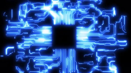 dynamischer Hintergrund der virtuellen Leiterplatte mit Chip. zyklische Animation zum Thema Technologie