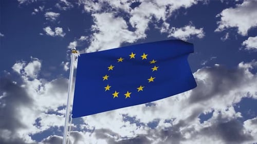 European Union Flag Waving in Realistic Sky