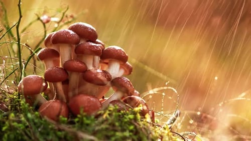 Armillaria Mushrooms of Honey Agaric In a Sunny Forest in the Rain