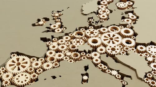 European Union in crisis. Map with gears breaks apart. Political disaster