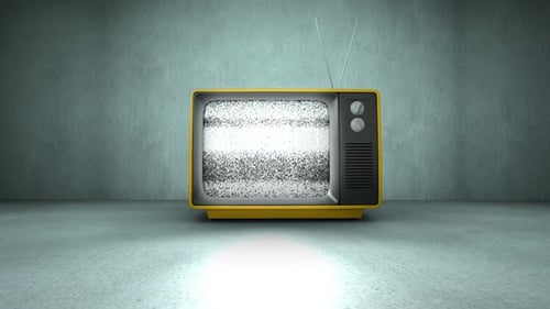 Zoom in animation of old TV turning on and no signal in a concrete room