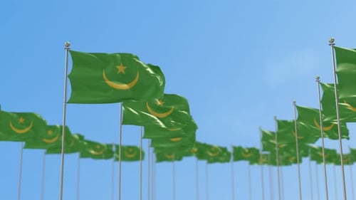 Waving Mauritanian Flags Against Clear Blue Sky