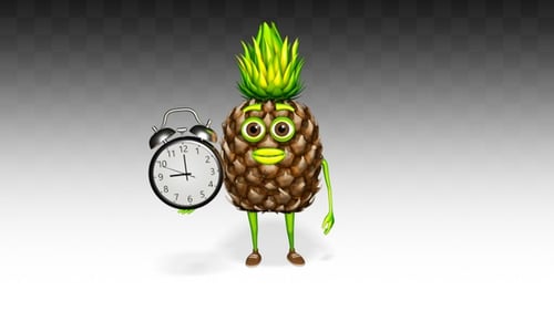 3D Animated Pineapple Character Holding an Alarm Clock