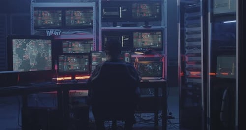 Hacker Working with Multiple Monitors