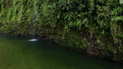Going over a swimming hole with a small cascade and a beautiful background