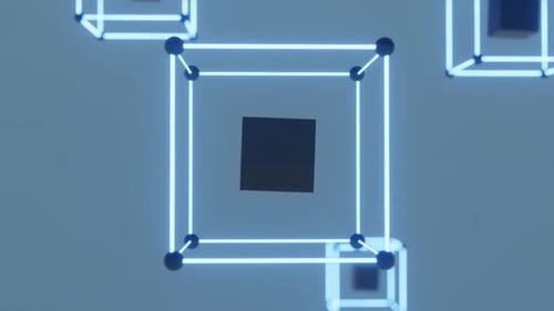 Rotierender blauer Neonzellen-Würfel mit schwarzem Würfel im Inneren