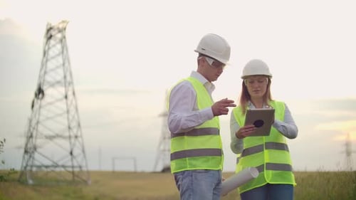 Technik Arbeiten am Hochspannungsturm Überprüfen Sie die Informationen auf dem Tablet-Computer Zwei Mitarbeiter