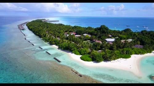 Aerial tourism of paradise resort beach vacation by shallow ocean with white sand background of adve