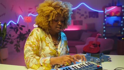 African American Female Composer Making Music in Studio