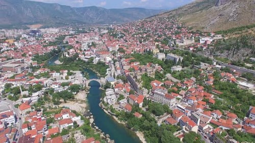 Aerial view of Mostar city on river Neretva in Bosnia