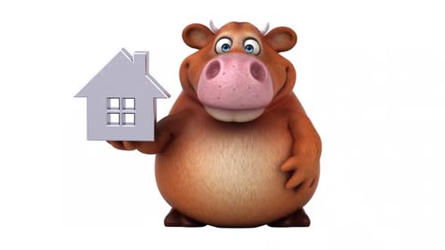 Happy 3D Cartoon Cow Holding House Icon Animation
