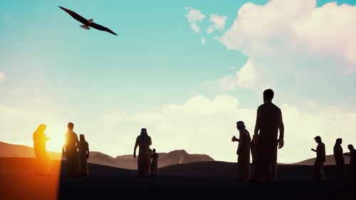 Silhouette coucher de soleil hommes arabes avec oiseau de proie sur les sables du désert